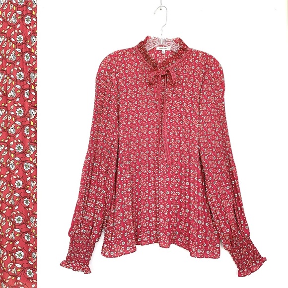 Max Studio Georgette Pleated Tie Neck Blouse Long Balloon Sleeve Ruffle Neck - Picture 1 of 12
